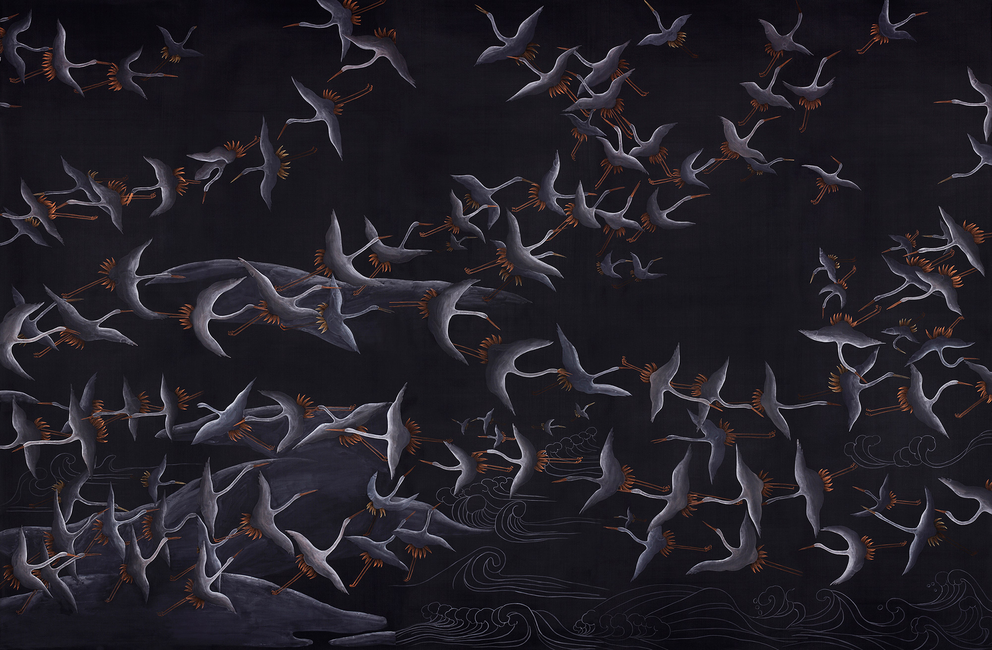 Обои ручная роспись Cranes Scroll Limewash on Pitch dyed silk Обои ручная роспись Cranes Scroll Limewash on Pitch dyed silk - постер Loft-Concept в Самаре