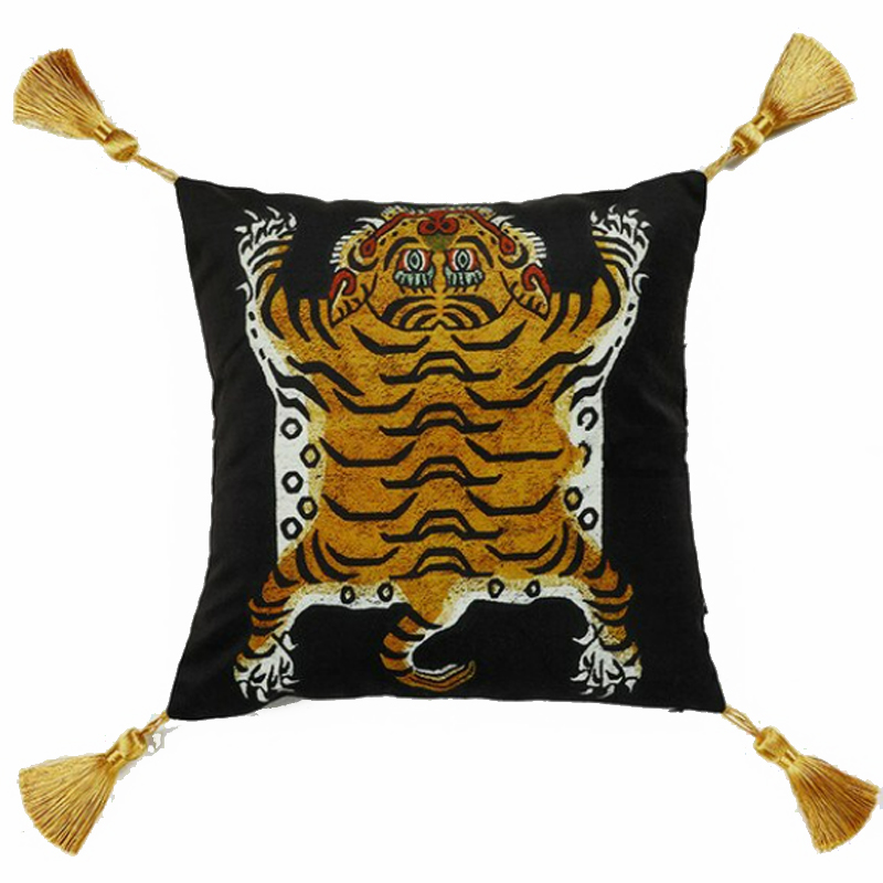 Черная Подушка Тибетский Тигр TIBETAN TIGER Бежевый Черный в Самаре | Loft Concept 