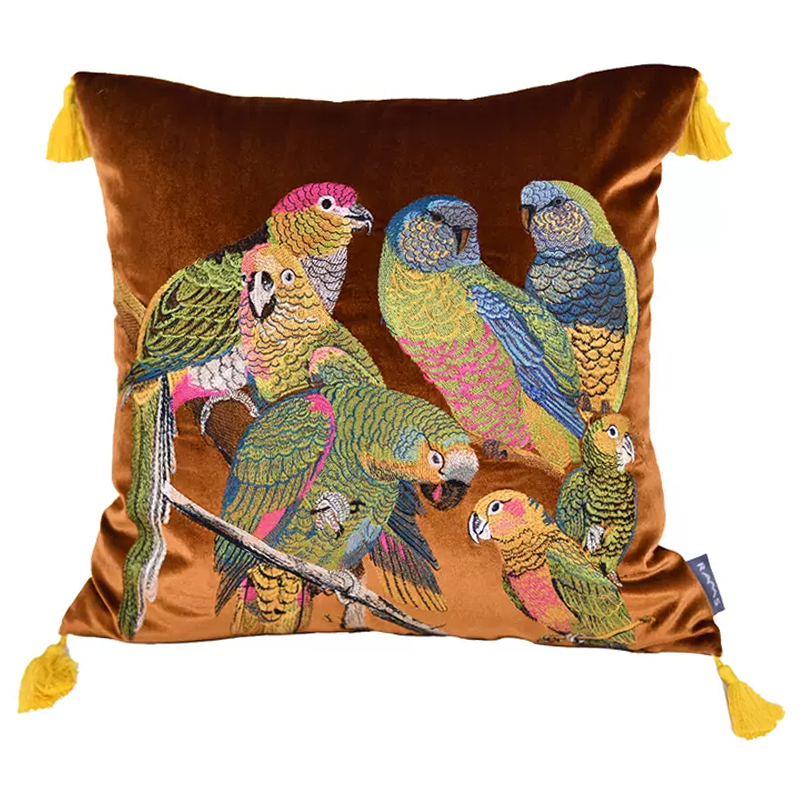 Декоративная подушка с вышивкой Embroidery Parrots Pillow Brown Коричневый Мульти в Самаре | Loft Concept 