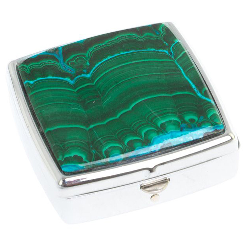 Таблетница карманная квадратная с 2-мя отделениями с зеркалом и накладкой из натуральных камней Малахит Хризоколла Silver Stone Pillboxes Малахит Серебряный в Самаре | Loft Concept 