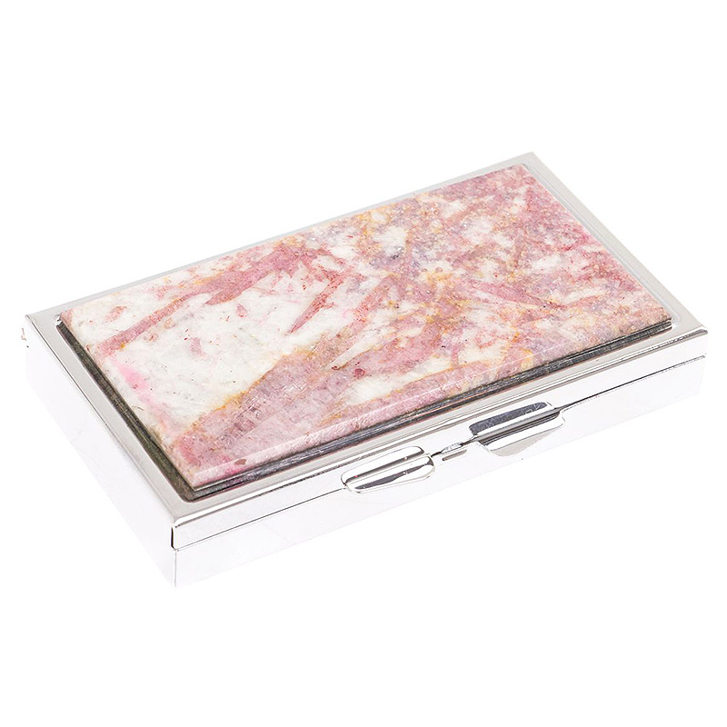 Таблетница карманная прямоугольная на 7 отделений с зеркалом и накладкой из натурального камня Турмалин Silver Stone Pillboxes Розовый Серебряный Белый в Самаре | Loft Concept 