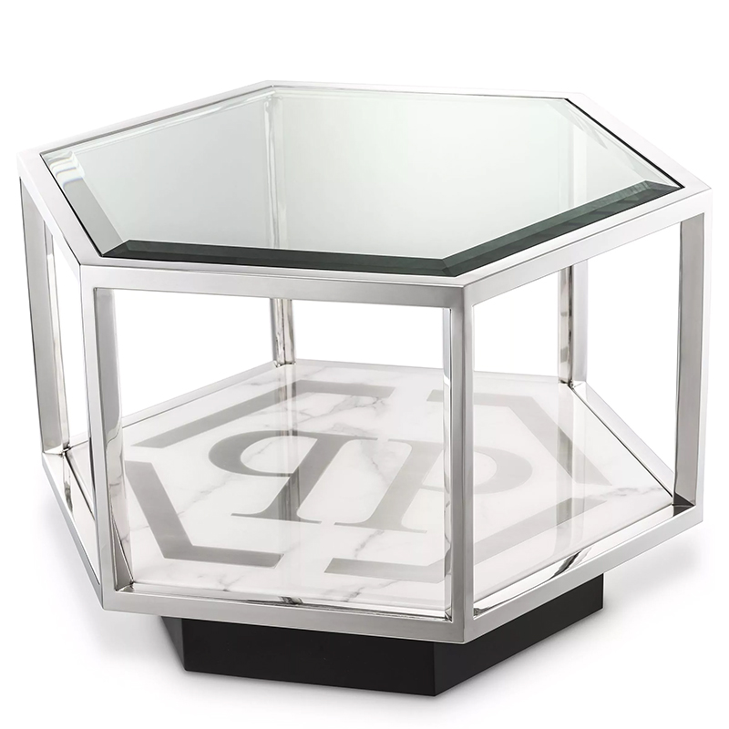 Приставной стол Philipp Plein Side Table Falcon View Chrome Хром Белый Мрамор Bianco Серый Черный Прозрачное Стекло в Самаре | Loft Concept 