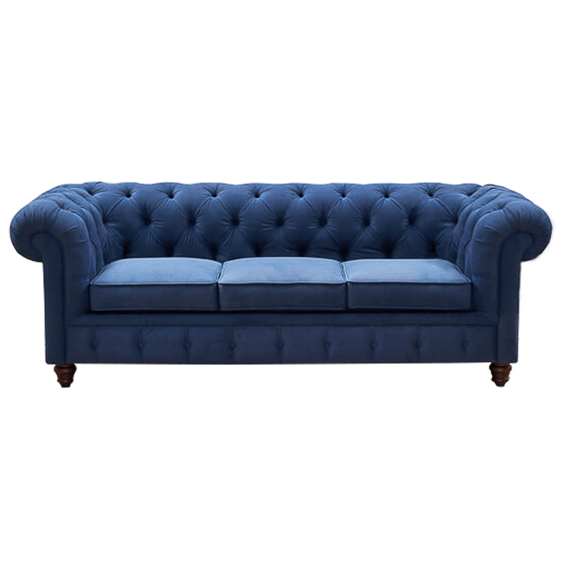 Диван Mini Kensington Sofa triple blue velor Сапфирово-синий Коричневый в Самаре | Loft Concept 