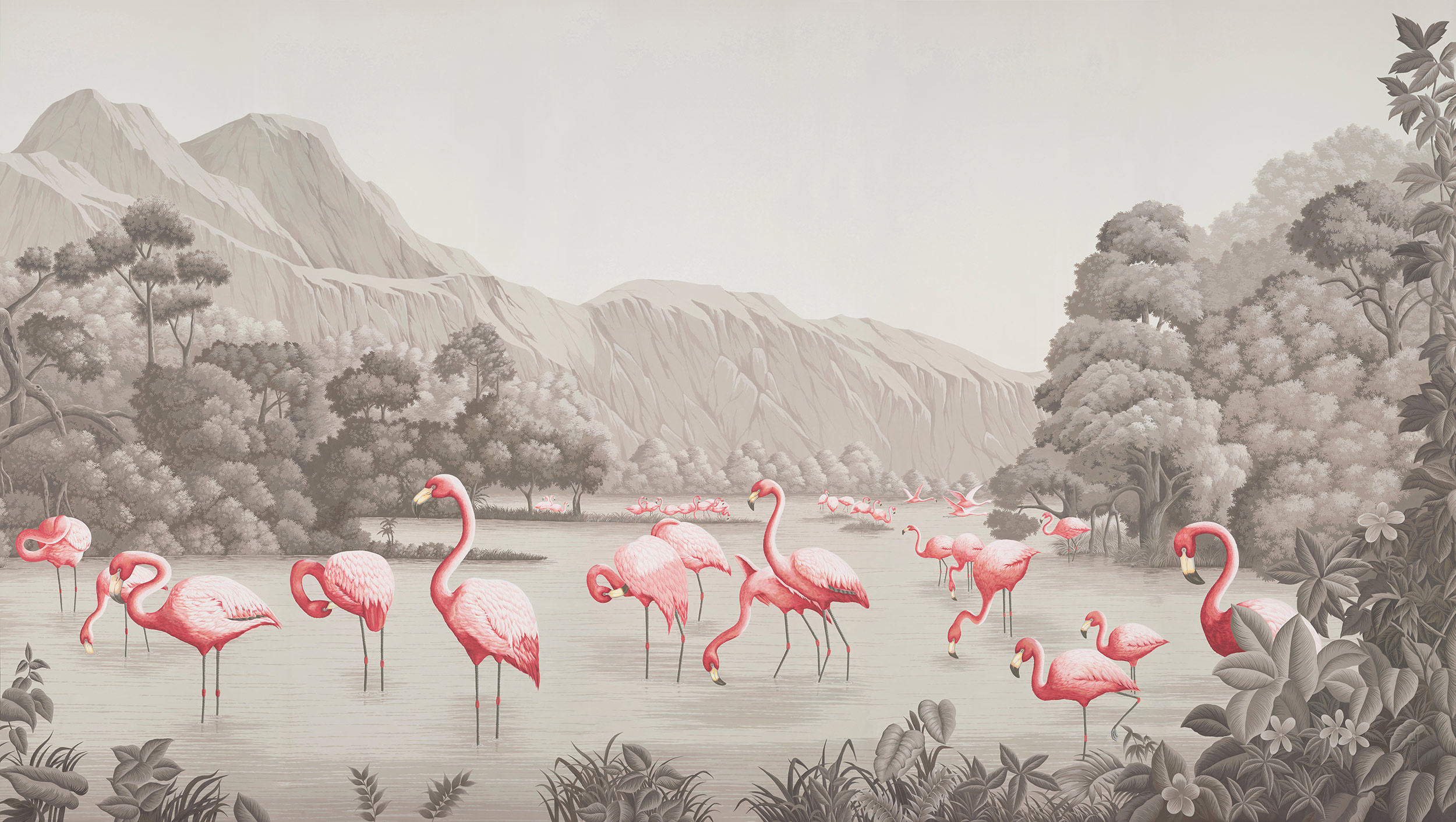 Обои ручная роспись Flamingos Flamingo on Eau Forte scenic paper Обои ручная роспись Flamingos Flamingo on Eau Forte scenic paper - постер Loft-Concept в Самаре