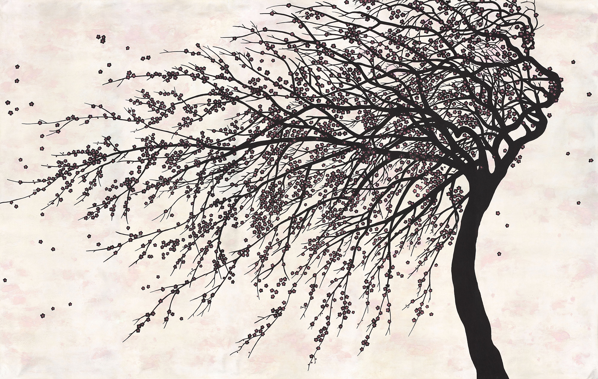 Обои ручная роспись Windswept Blossom Noir on White Metal gilded silk with pearlescent antiquing Обои ручная роспись Windswept Blossom Noir on White Metal gilded silk with pearlescent antiquing - постер Loft-Concept в Самаре