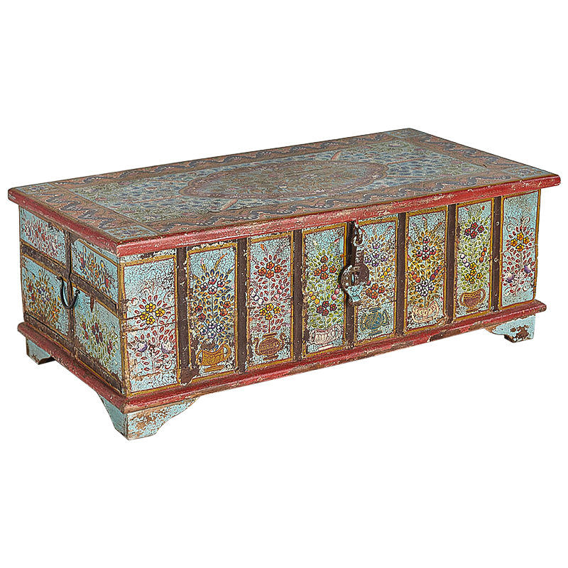 Сундук ручная роспись Pran Antique Indian Painted Chest Мульти Бирюзовый Красный в Самаре | Loft Concept 