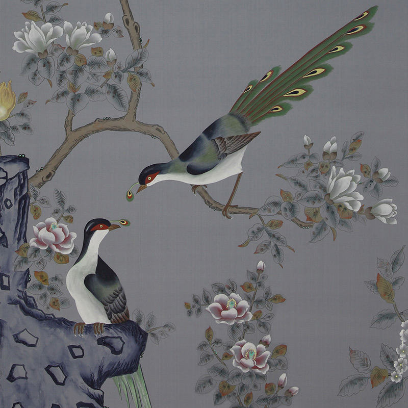 Обои ручная роспись Japanese Garden Original colourway on Gun Metal dyed silk Обои ручная роспись Japanese Garden Original colourway on Gun Metal dyed silk в Самаре | Loft Concept