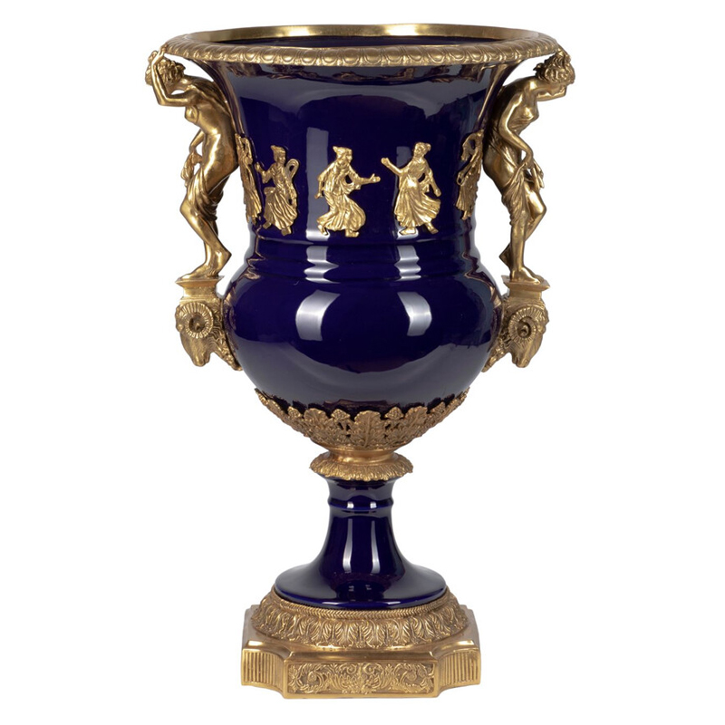 Ваза темно-синего цвета из фарфора с бронзовыми ручками в виде фигур Eden Garden porcelain and bronze Темно-синий Бронза в Самаре | Loft Concept 