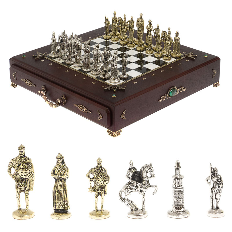 Шахматы в ларце из натуральных камней Долерит Малахит Мрамор Decorative Thematic Chess Русь Серебряный Золотой Черный Белый Коричневый Малахит в Самаре | Loft Concept 