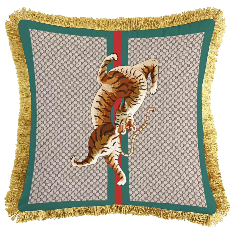 Декоративная подушка Cтиль Gucci Tiger Серый Зеленый Оранжевый Золотой в Самаре | Loft Concept 