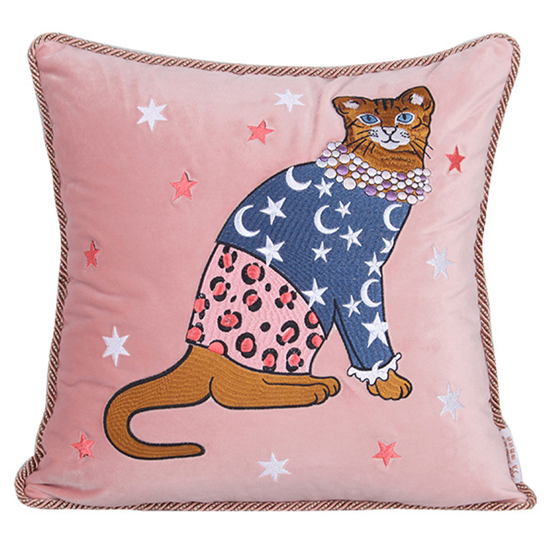 Декоративная подушка с вышивкой Magic Cat Embroidery Cushion Розовый Синий Оранжевый Мульти в Самаре | Loft Concept 