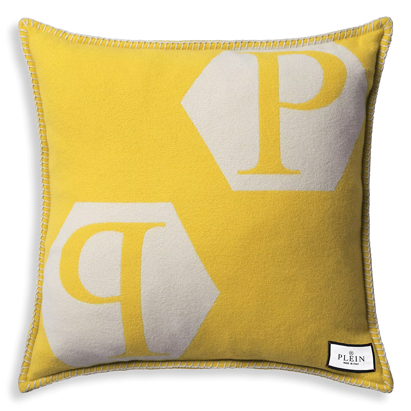 Подушка Philipp Plein Cushion Cashmere PP Logo 65 x 65 Yellow Белый Желтый в Самаре | Loft Concept 