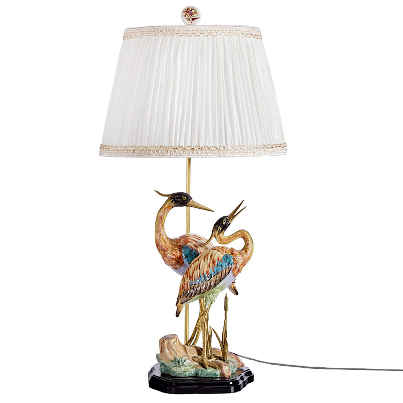 Настольная лампа с абажуром и основанием в виде двух цапель Porcelain Heron Lamp Белый Мульти Бронза в Самаре | Loft Concept 
