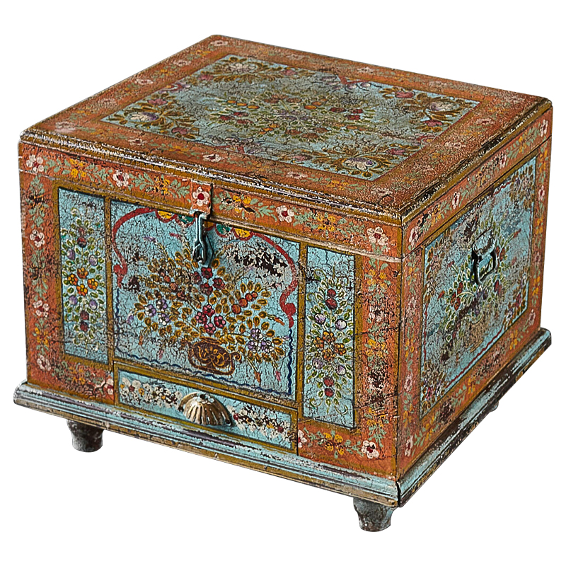 Сундук ручная роспись Harsh Antique Indian Painted Chest Мульти Бирюзовый Оранжевый в Самаре | Loft Concept 