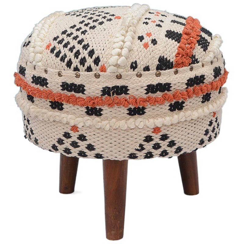 Пуф India Multicolor Ornament Wood Pouf II Белый Черный Коричневый Оранжевый в Самаре | Loft Concept 