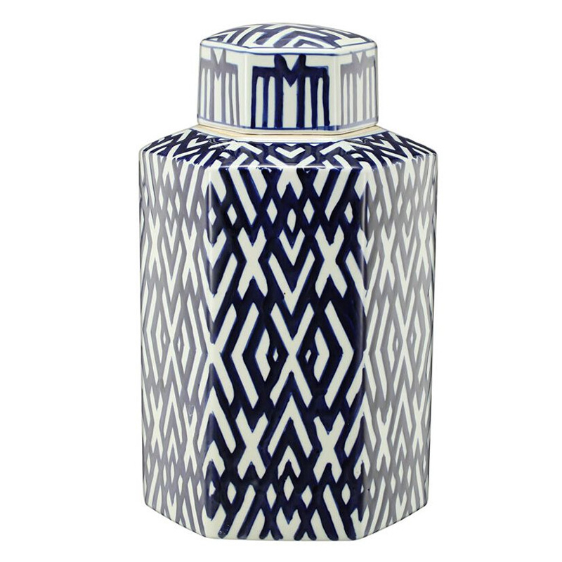 Ваза с крышкой и графическим узором в сине-белых цветах Blue & White Ornament  Белый Синий в Самаре | Loft Concept 
