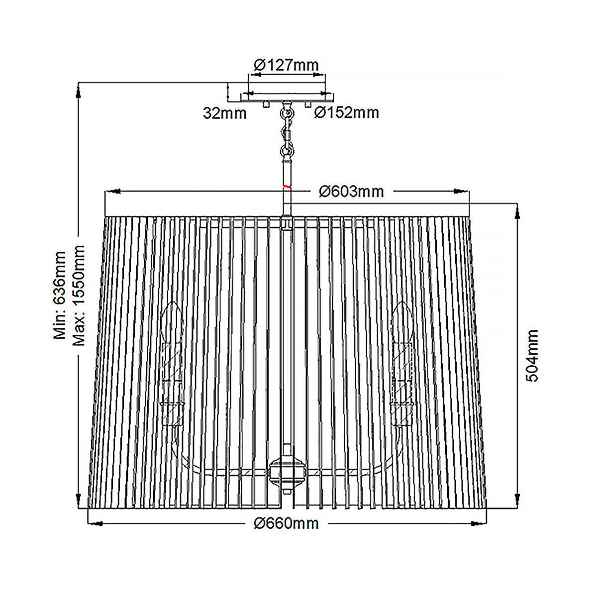 Люстра цвета латунь с 6-ю лампами свечами внутри цилиндрического абажура из черных металлических реек Kichler в Самаре
