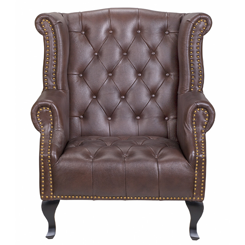 Кресло из натуральной кожи на 4-х деревянных ножках из массива бука Thomas Armchair brown Коричневый Черный в Самаре | Loft Concept 