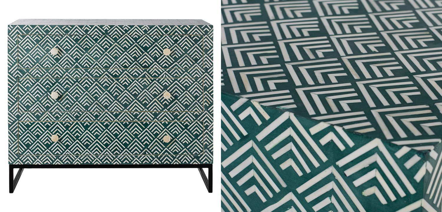 Комод инкрустация костью Green Indian Bone Inlay 3 drawer Зеленый - фото