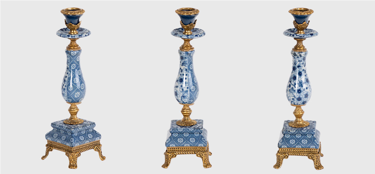 Подсвечник синий с элементами бронзы Chamomile - фото