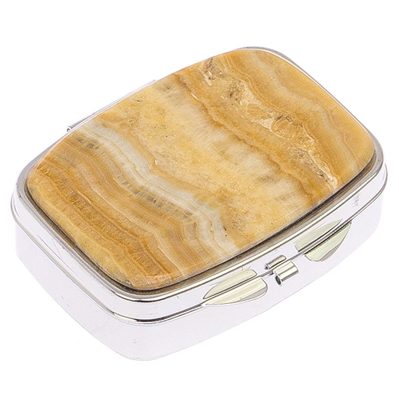 Таблетница карманная прямоугольная с 2-мя отделениями с зеркалом и накладкой из натурального камня Оникс Silver Stone Pillboxes Бежевый Серебряный в Самаре | Loft Concept 