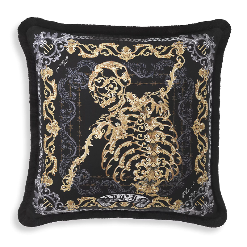 Подушка Philipp Plein Cushion Silk Skeleton 50 x 50 cm Черный Серый Золотой в Самаре | Loft Concept 