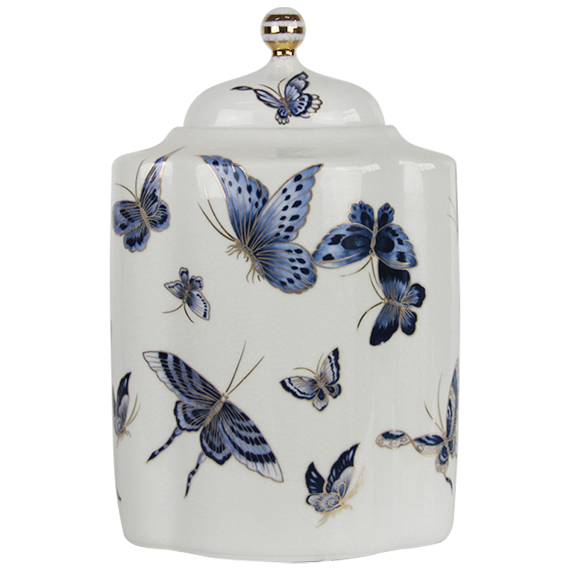 Ваза с крышкой Porcelain Butterfly Blue and Gold Vase Белый Синий Золотой в Самаре | Loft Concept 