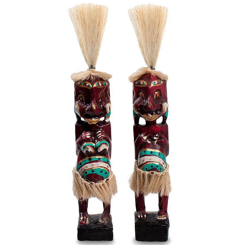 Комплект из 2-х деревянных статуэток Asmat Straw Headdress Statuettes Red Turquoise Tattoo Красный Бежевый Бирюзовый Белый в Самаре | Loft Concept 