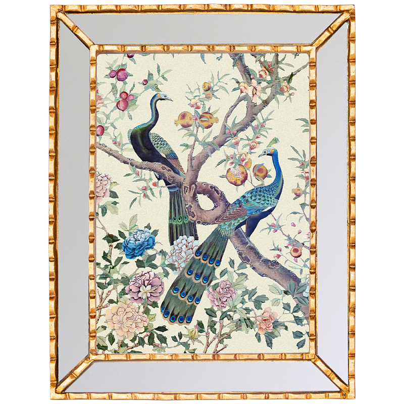 Постер в зеркальной раме в стиле шинуазри Chinoiserie Imperial Garden Peacocks on a Tree Poster Бежевый Бирюзовый Мульти Золотой Зеркало Постер в зеркальной раме в стиле шинуазри Chinoiserie Imperial Garden Peacocks on a Tree Poster Бежевый Бирюзовый Мульти Золотой Зеркало в Самаре | Loft Concept