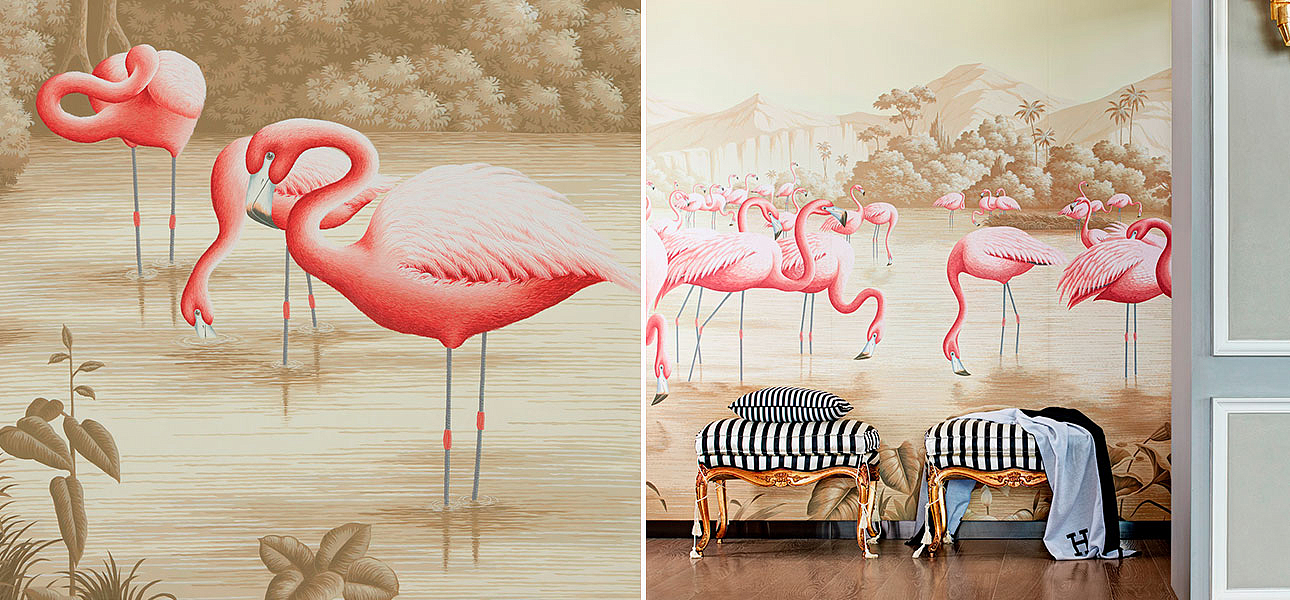 Обои ручная роспись Flamingos Flamingo on Sepia scenic paper Обои ручная роспись Flamingos Flamingo on Sepia scenic paper - Loft-Concept в Самаре