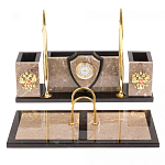 Настольный письменный набор из бежевого мрамора с часами и гербом Marble Accessory варинант исполнения - 1 | Loft Concept в Самаре