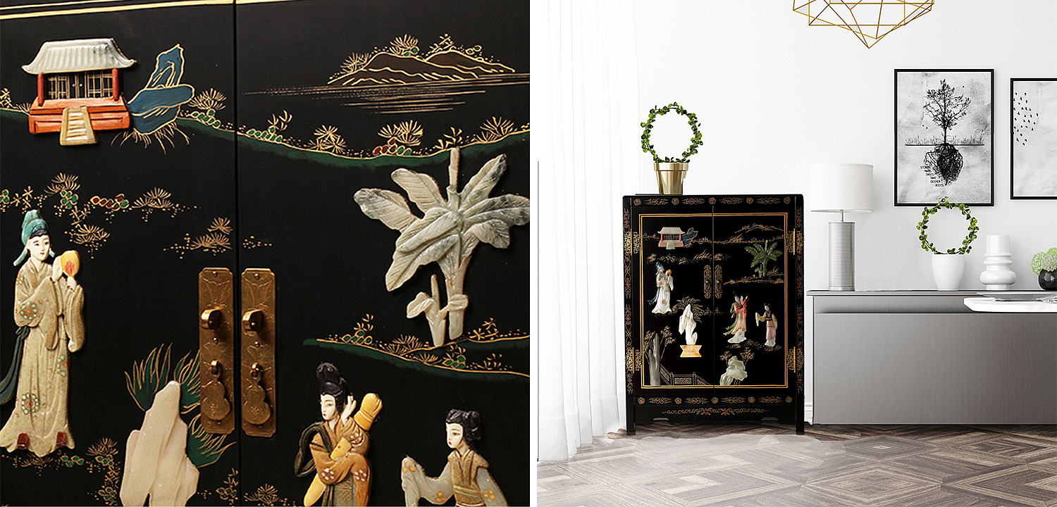 Черный Двухдверный Комод в Китайском стиле с каменным Барельефом Black Chinese Chest of drawers Черный Двухдверный Комод в Китайском стиле с каменным Барельефом Black Chinese Chest of drawers - Loft-Concept в Самаре