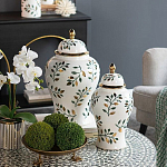 Ваза белая с крышкой с рисунком зеленых и золотых листьев 48 см Chinoiserie Ceramics варинант исполнения - 4 | Loft Concept в Самаре