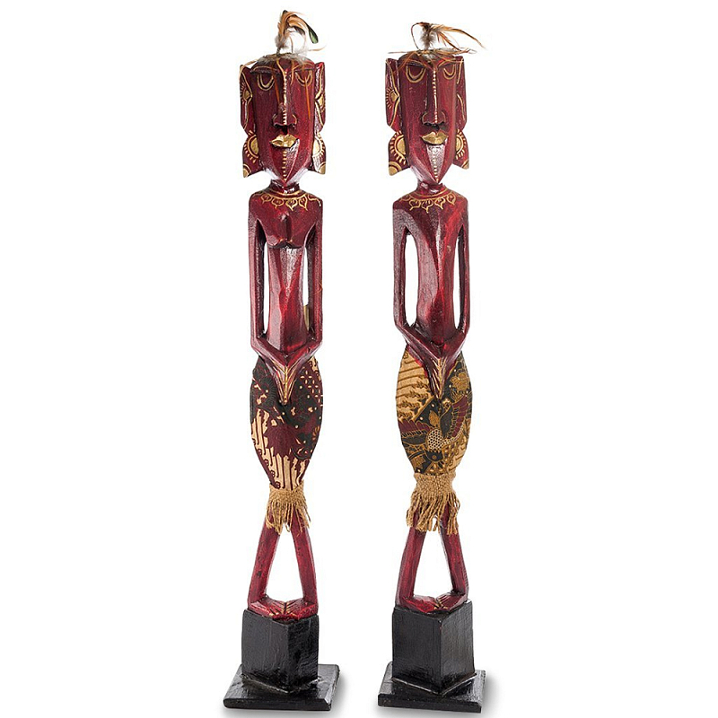 Комплект из 2-х деревянных статуэток Asmat Tall Red Statuettes Красный Золотой Черный в Самаре | Loft Concept 