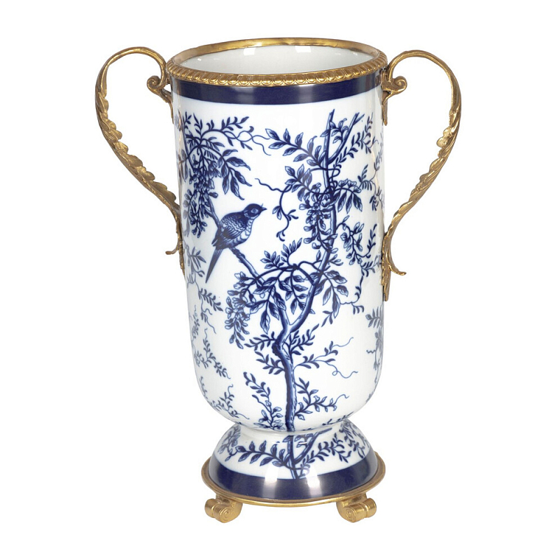 Ваза с бронзовыми ручками и синим цветочным узором Blue & White Ornament Синий Белый Бронза в Самаре | Loft Concept 
