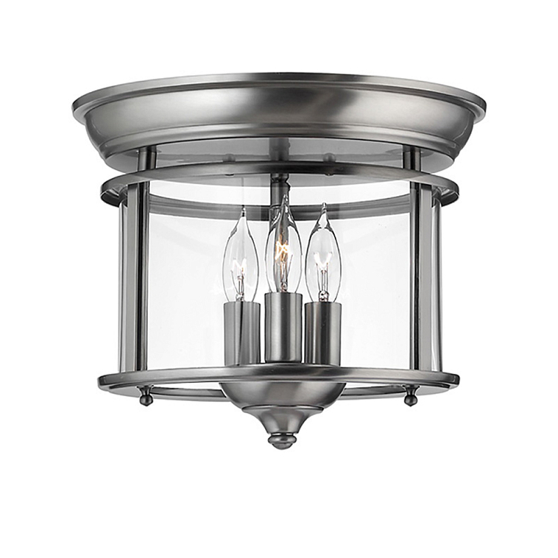 Потолочный светильник в форме фонаря с прозрачным цилиндрическим плафоном и тремя лампами в форме свечей Hinkley Латунь Прозрачное Стекло Олово в Самаре | Loft Concept 