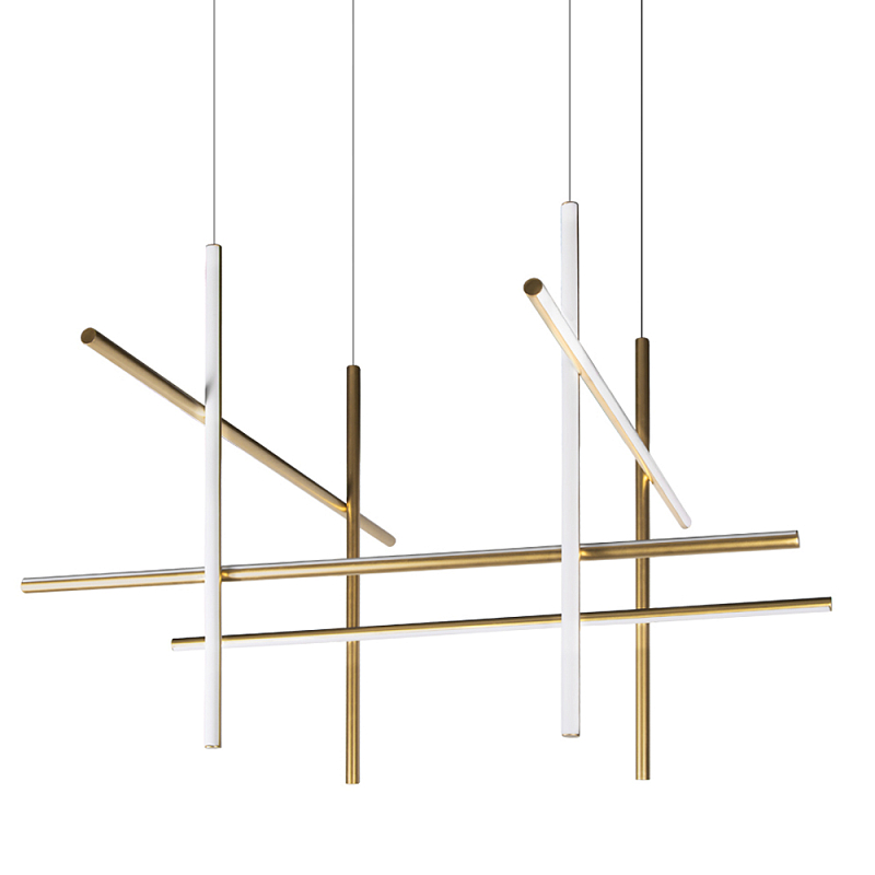 Люстра с 8-ю пересекающимися цилиндрическими плафонами на тонких тросах Trumpet tube Белый матовое золото в Самаре | Loft Concept 