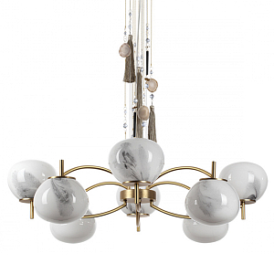 Люстра подвесная с 8-ю шарообразными плафонами из белого стекла с подвесками из камня и кисточками Agatelle