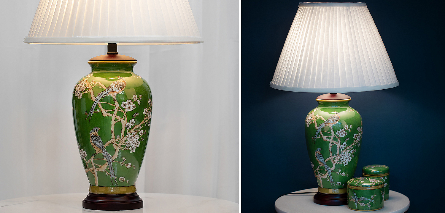 Настольная лампа с абажуром Birds Green Chinoiserie Lampshade Настольная лампа с абажуром Birds Green Chinoiserie Lampshade - Loft-Concept в Самаре