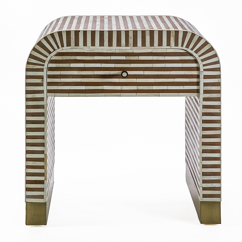 Тумбочка прикроватная с ящиком Tofino Stripes Bone Inlay Bedside Beige ivory ( слоновая кость ) Коричневый Золотой в Самаре | Loft Concept 
