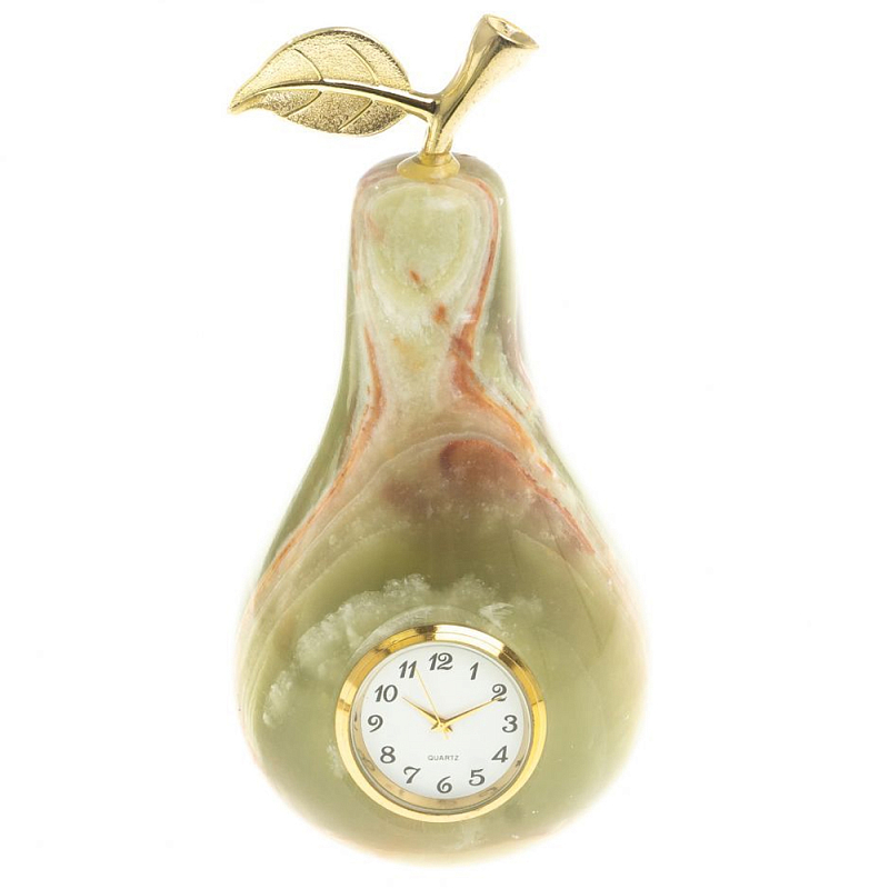 Часы настольные в виде груши из натурального камня Оникс Stone Clock Зеленый Коричневый Золотой в Самаре | Loft Concept 