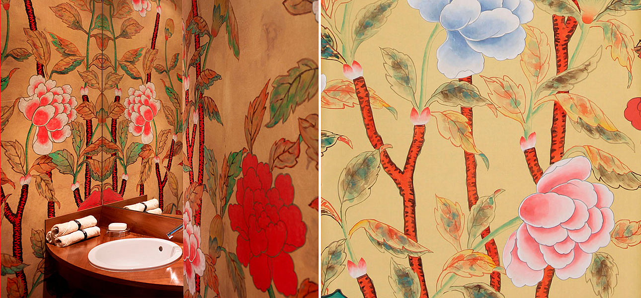 Обои ручная роспись Korean Peony Original colourway on Sienna Earth dyed silk Обои ручная роспись Korean Peony Original colourway on Sienna Earth dyed silk - Loft-Concept в Самаре