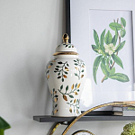 Ваза белая с крышкой с рисунком зеленых и золотых листьев 40 см Chinoiserie Ceramics варинант исполнения - 4 | Loft Concept в Самаре