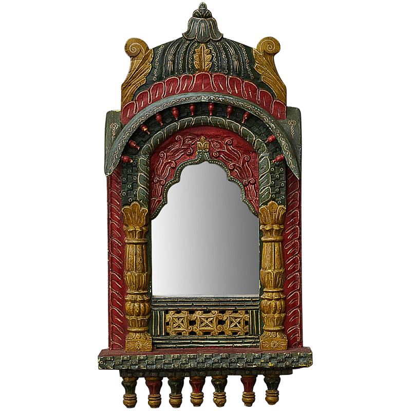 Настенное зеркало в резной раме из тропического дерева Carved Wood Mirror Colorful Красный Зеленый Желтый в Самаре | Loft Concept 