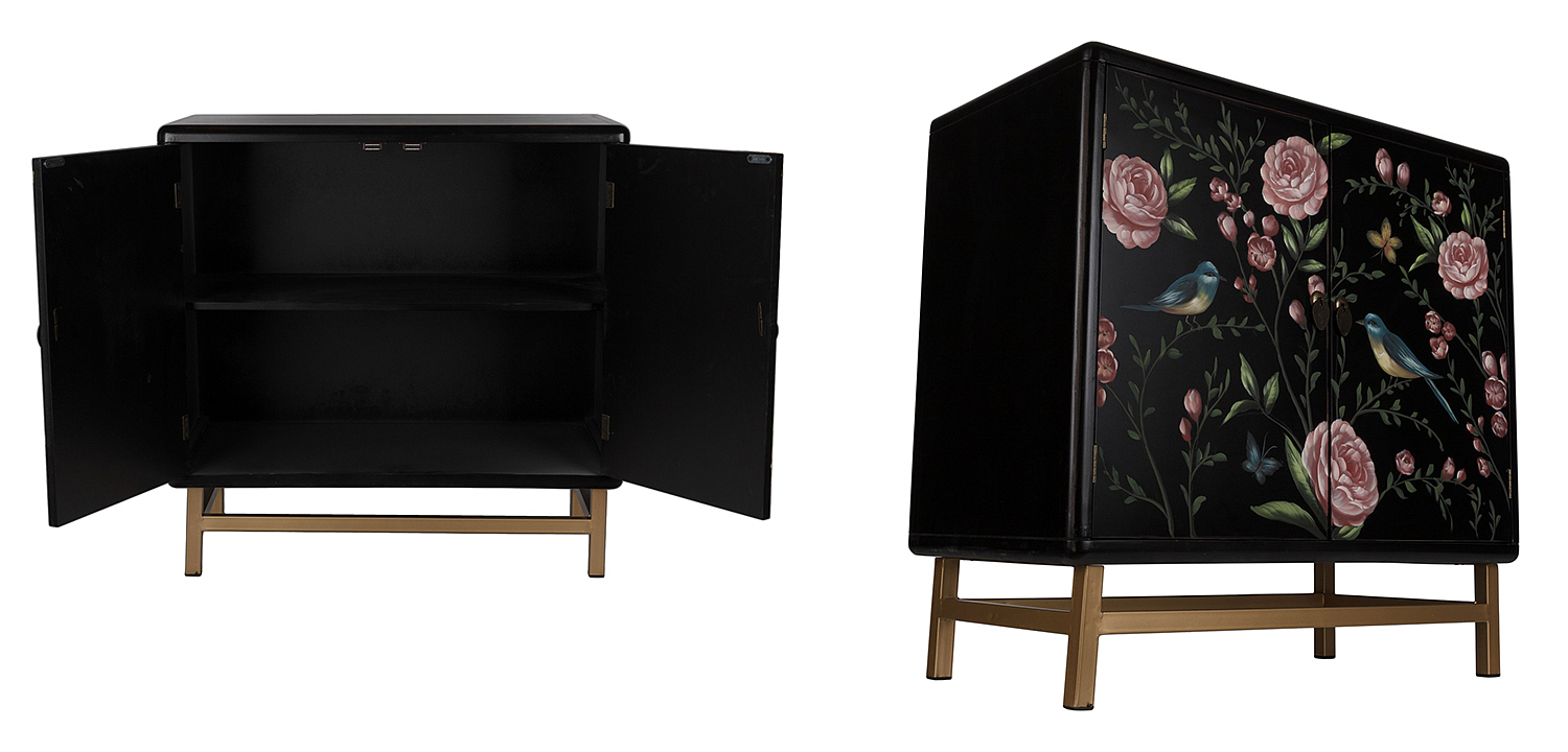 Комод с росписью птицы и цветы Black Chest Of Drawers Peonies Черный Комод с росписью птицы и цветы Black Chest Of Drawers Peonies Черный - Loft-Concept в Самаре