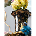 Ваза черная фарфоровая с  узором и бронзовым декором в виде веток с фарфоровой птичкой и цветами Eden Garden варинант исполнения - 4 | Loft Concept в Самаре