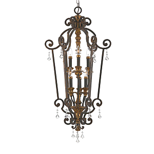 Люстра бронзового цвета с 6-ю лампами и стеклянными подвесками в классическом стиле Quoizel