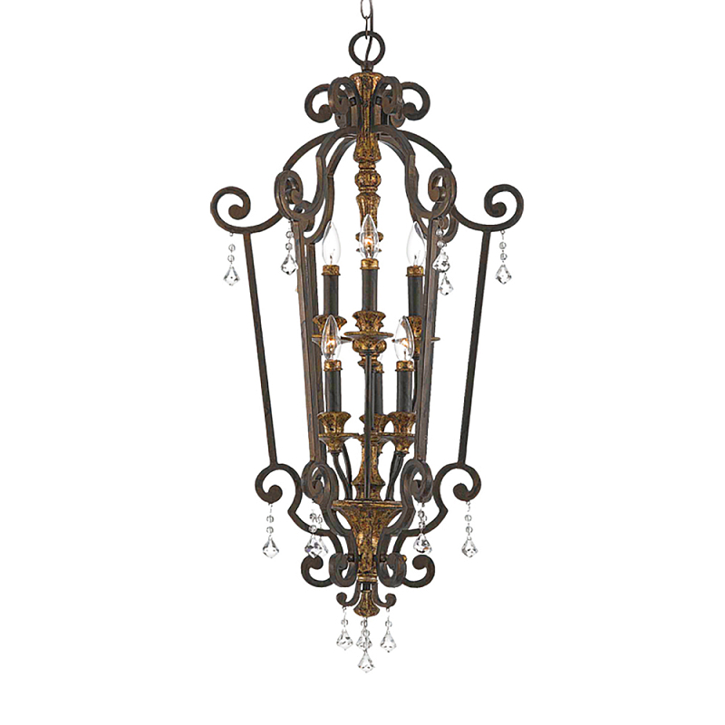 Люстра бронзового цвета с 6-ю лампами и стеклянными подвесками в классическом стиле Quoizel Бронза Прозрачное Стекло Золотой в Самаре | Loft Concept 