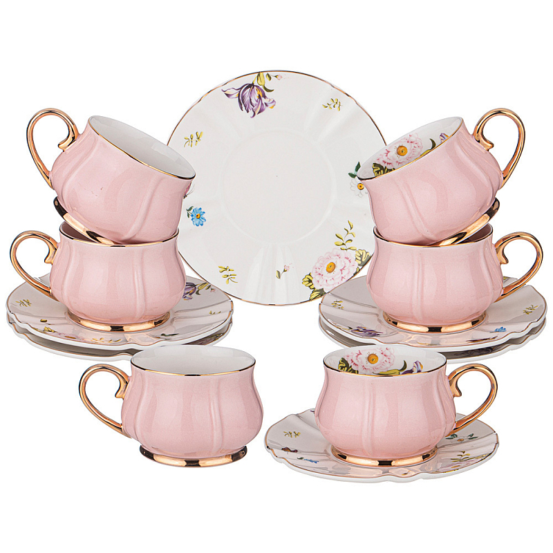 Чайный набор из фарфора на 6 персон 12 предметов Tea Porcelain Set Белый Золотой Розовый в Самаре | Loft Concept 