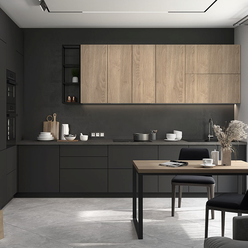Черный матовый кухонный гарнитур с фасадом под дерево Renart Kitchen Set Черный матовый Древесина Черный матовый кухонный гарнитур с фасадом под дерево Renart Kitchen Set Черный матовый Древесина в Самаре | Loft Concept